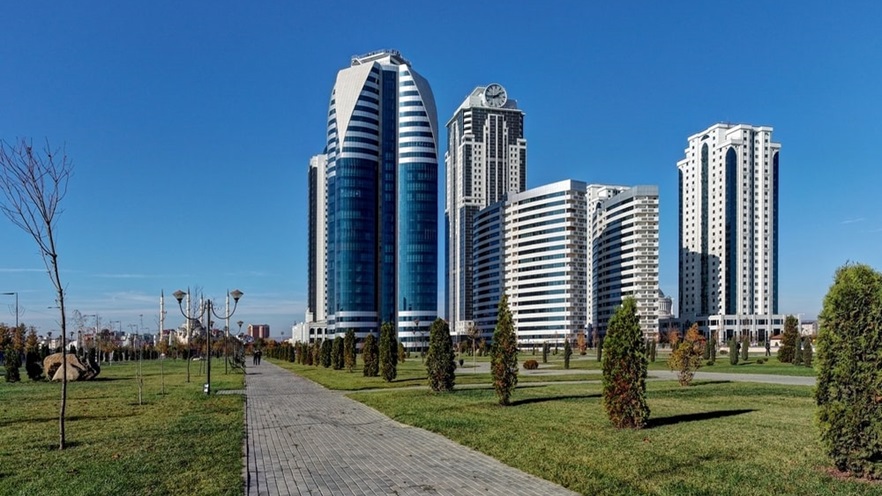 The park next to the buildings